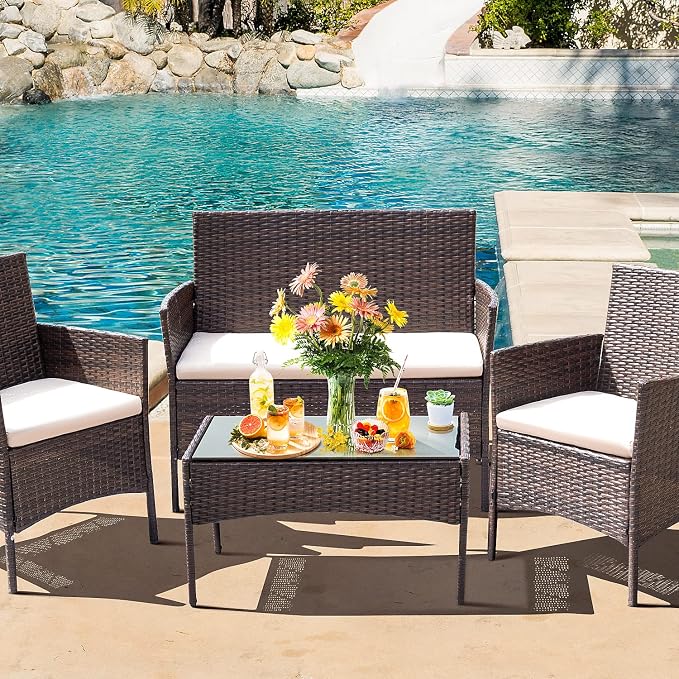Greesum 4 Pieces Wicker Rattan Patio Furniture Sets with Loveseat, Chairs, Table and 3 Pieces Rocking Bistro Set with Porch Chairs, Coffee Table