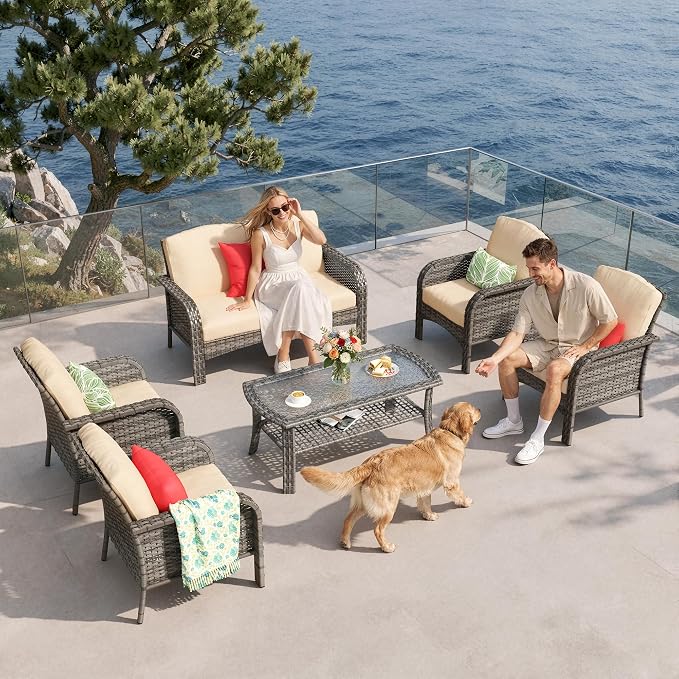 6-Piece Patio Furniture Set, Outdoor Wicker Furniture with Coffee Table, All Weather High Back Loveseat Patio Chairs, Modern Rattan Outdoor Chairs Conversation Set for Porch, Balcony, Garden,Beige