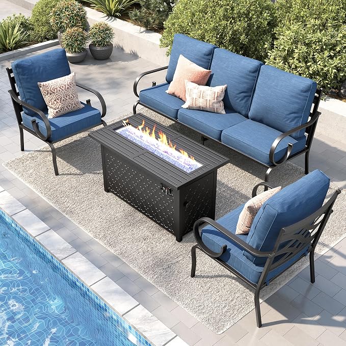 PHI VILLA Patio Furniture Set, 3-Seater Sofa, 2 Fixed Chairs and a 45" Fire Pit Table, Outdoor Metal Conversation Set with 5.75" Extra Thick Cushion for Garden Backyard Deck, Navy