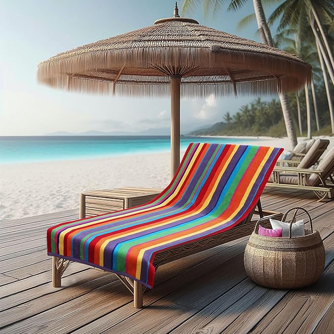 COTTON CRAFT Pool Lounge Chair Cover - 2 Pack Summer of Siam Dobby Terry Towel Chaise Lounge Cover - Soft 100% Cotton Beach Chair Cover - Oversized 32 in W x 82 in L x 7 in Pocket – Multi Color Stripe