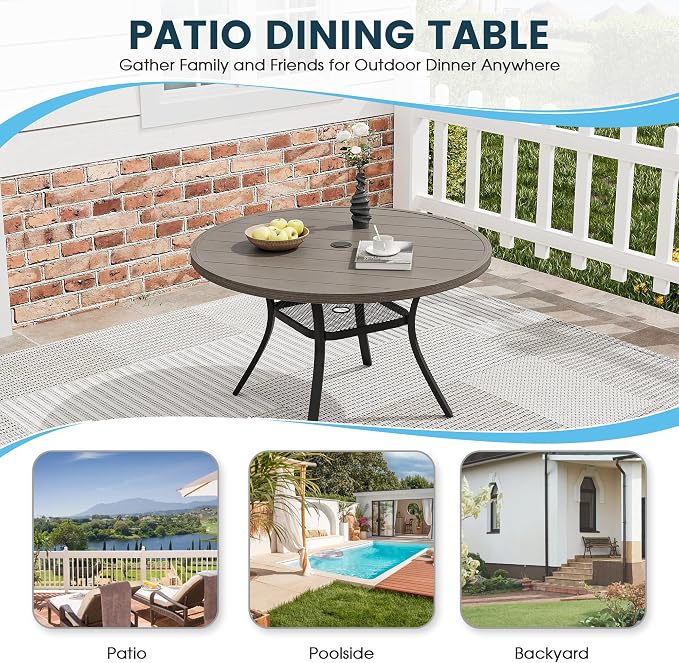 5 Pieces Patio Dining Set, 41" Round Dining Table with Umbrella Hole, 4 Stackable Textilene Fabric Chairs, Metal Structure for Patio, Porch, Garden(Grey Table, Grey Chair)