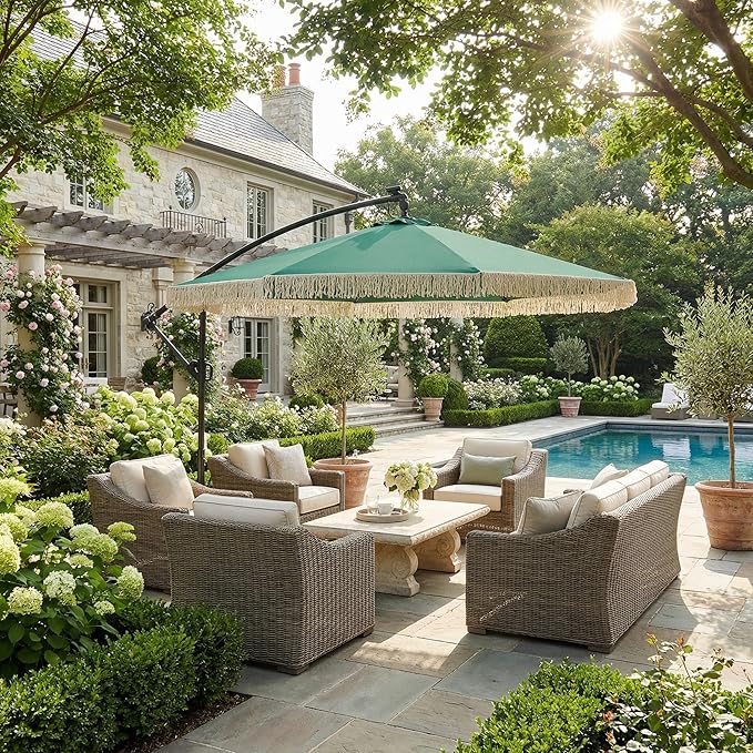 MONDAWE 10FT Cantilever Patio Umbrella with Tassels, 360° Rotation Offset Outdoor Umbrella, Heavy Duty Backyard Shade Umbrella with 180G Fabric for Patio Garden Deck