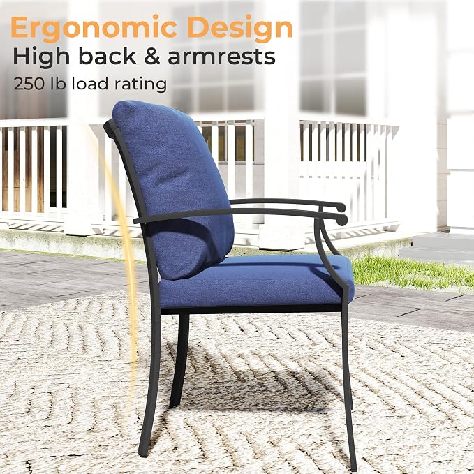 HAPPATIO 7-Piece Patio Dining Set, Outdoor Dining Set with Powder-Coated Metal,Dining Table with Umbrella Hole, 6 Stackable Chairs with Removable Cushions for Porch Poolside Garden, Navy Blue