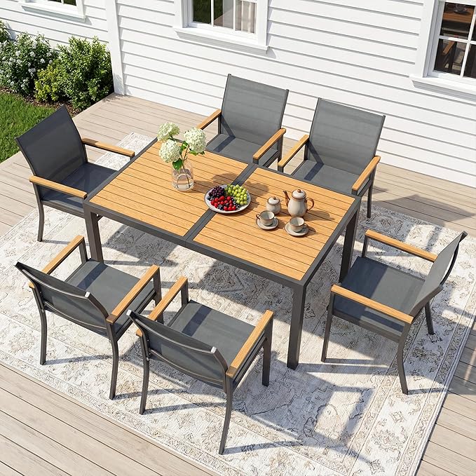 7-Pieces Aluminum Patio Table and Chairs Set, Outdoor Patio Furniture Set with Heavy Duty HDPS Rectangular Table, All-Weather Outdoor Dining Set with Breathable Quick-Drying Textilene Chairs