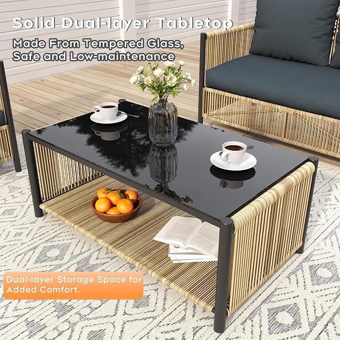 Aluminum Outdoor Patio Furniture Set - 2 Pcs Armchair, Loveseat & Dual-Layer Coffee Table - Rope Sectional Conversation Sofa Sets with Washable Thick Cushion for Garden/Backyard/Porch