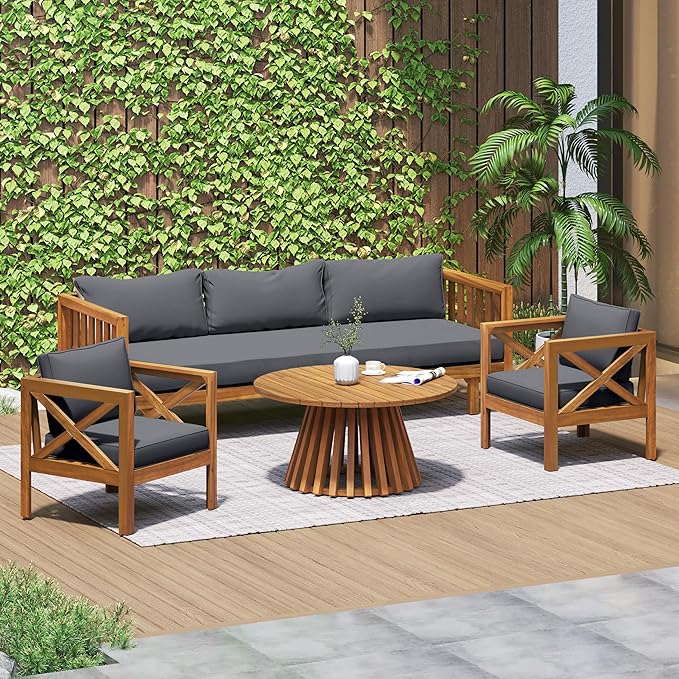 Merax Outdoor 4-Piece Acacia Wood Conversation Set - Patio 3-Seat Loveseat Sofa Daybed with Cushion, 2 Armchair and Round Coffee Table for Backyard, Lawn, Balcony, Teak+Dark Gray