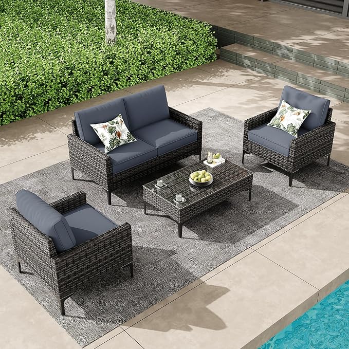 4 Piece Patio Furniture Set, Wicker Modular Outdoor Furniture with Thicker Cushions, Outdoor Couch Sofa for Garden, Poolside, Backyard, Gray