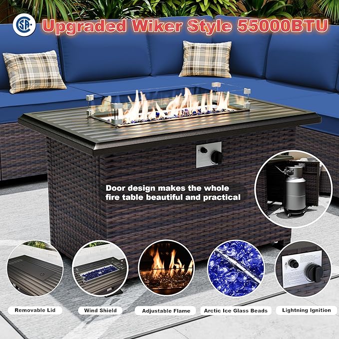 Outdoor Patio Furniture Set with Gas Fire Pit Table, 7 Pieces Patio Furniture Set Outdoor Sectional Sofa w/43in Propane Fire Pit, PE Wicker Rattan Patio Conversation Set - Dark Blue