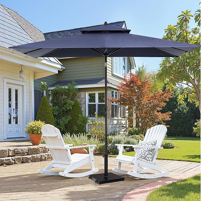 9-10ft Patio Umbrella with Base Included - Outdoor Table Umbrella with 2-Year Fade-Resistant Canopy, 43-lb Heavy-Duty Concrete Umbrella Stand with Wheel for Deck, Porch & Backyard