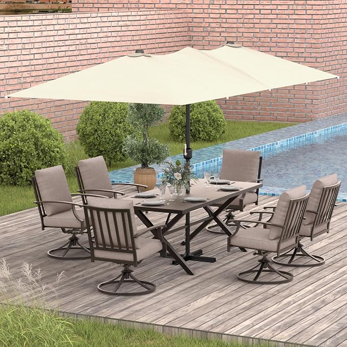 Gotland 7 Piece Outdoor Dining Table and Chairs for 6 with 14Ft Double-Sided Umbrella, Patio Swivel Dining Chairs for 6, Rectangular Patio Dining Table with Umbrella Hole Outdoor Patio Set