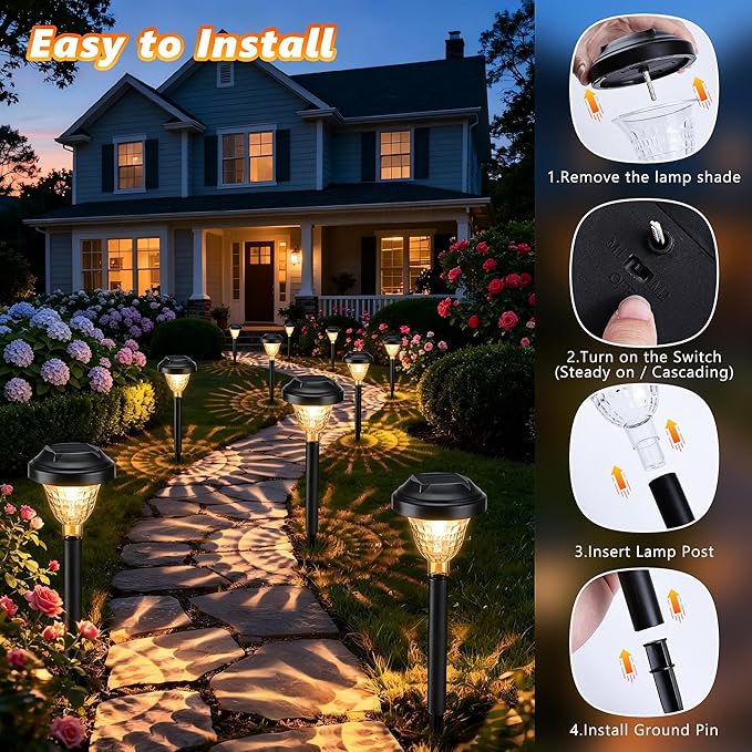Joomer Solar Pathway Lights, 8Pack 10LED Solar Landscape Lights with Auto Lighting Sense & 2 Modes, Waterproof Outdoor Walkway Light, Warm White Cascading Garden Light for Yard, Patio, Lawn, Driveway