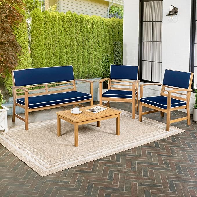 JONATHAN Y LVG1000C-4SET Barclay 4-Piece Modern Coastal Acacia Wood Conversation Outdoor Patio Set with Cushions Transitional, Classic, Traditional, Vintage, Mid-Century, Navy/Teak Brown