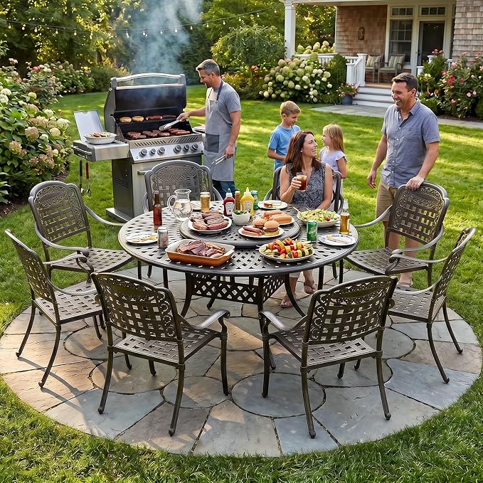 MEETWARM 9-Piece Outdoor Furniture Dining Set, All Weather Cast Aluminum Patio Garden Set with 8 Chairs, 61" Round Patio Dining Table with Detachable Lazy Susan, 2" Umbrella Hole,Dark Bronze