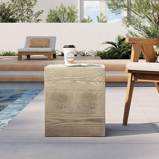 HOMPUS Outdoor Side Table Square, Concrete Lightweight MgO End Table, Patio Accent Coffee Table Garden Tool for Patio, Porch and Deck, Light Walnut