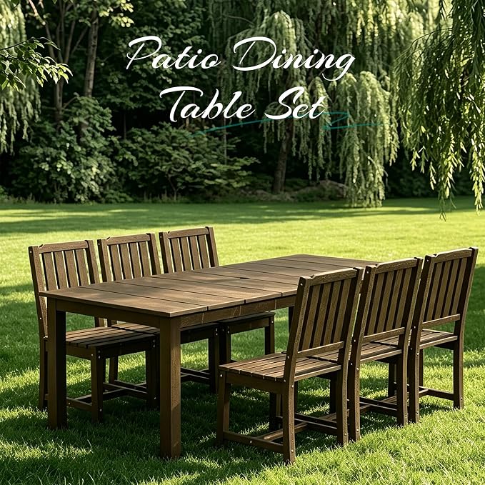 PLUUV 7-Piece Outdoor Dining Set – HDPE Patio Furniture with Umbrella Hole Table, Aluminum Legs, and 6 Armless Chairs, Weatherproof & Easy-Clean for Backyard, Garden, Coffee
