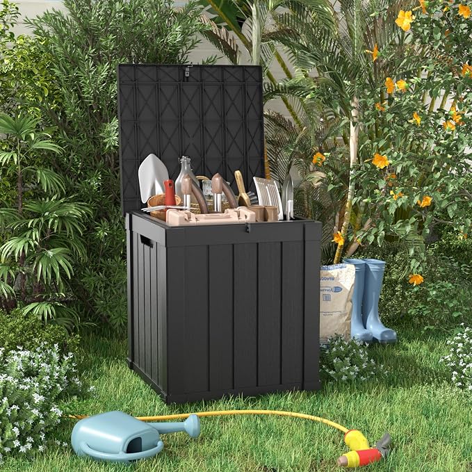 DRATO 51 Gallon Outdoor Storage Box Waterproof, Lockable Resin Deck Box with Lid for Patio Furniture Bench, Pool Garden Tools, Weatherproof Outside Storage Bin for Backyard Porch (Black, 51 Gallon)