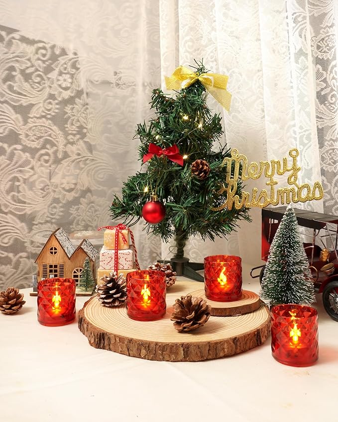 Homemory 2" x 2" Acrylic Votive Candle Holders with Auto Timer Flameless Led Tealight, Battery Powered Fake Electric Candles for Wedding Centerpiece, Table, Christmas Decor (6Pack, Red Base)