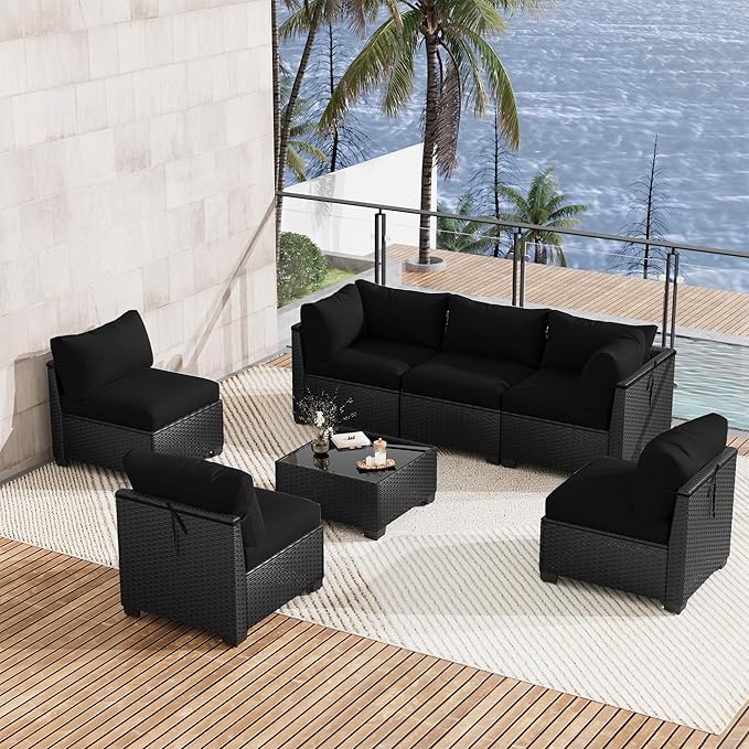 7 Piece Outdoor Patio Furniture Set, Rattan Chairs Glass Table Wicker Conversation Seating Sectional Sofa with Cushions (Black-Black, 7Pcs-Straight Back)