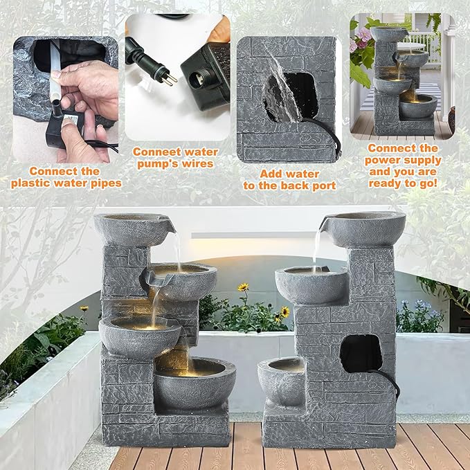 Outdoor Water Fountain, 4-Tier Cascading Rock Bowls Waterfall Fountains w/LED Lights for Garden Yard Decor, Indoor Floor-Standing Resin Water Feature for Patio Deck Porch and Home (Light Gray)