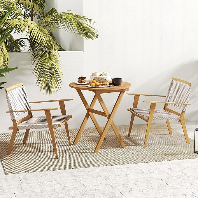 RELAX4LIFE Round Outdoor Folding Table - 26’’ Acacia Wood Patio Bistro Table w/Slatted Tabletop for Indoor Outside Dining Camping, Portable Foldable Wooden Furniture for Garden Backyard Porch (2)