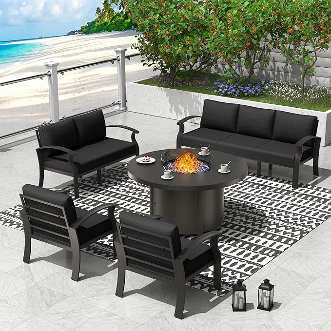 ALAULM Aluminum Patio Furniture Set with Round Propane Fire Pit Table 7-seat Metal Outdoor Furniture w/5.1" Cushions Patio Sectional Sofas for Porch, Lawn, Poolside（Black