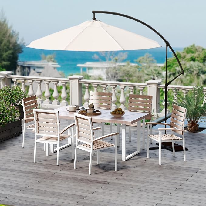 WiberWi 7 Piece Outdoor Dining Set for 6, Acacia Wood 59.1" Patio Table and Chairs Set with Metal Frame, Patio Dining Furniture Set for Garden, Balcony, Backyard, Poolside, Natural & White