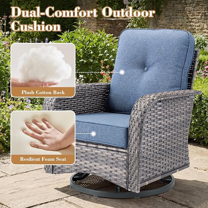 3 Pieces Patio Furniture Set,All-Weather Rattan Wicker Outdoor Furniture with Swivel Rocking Chairs and Side Table,High Back Conversation Set for Porch,Backyard,Balcony,Denim Blue