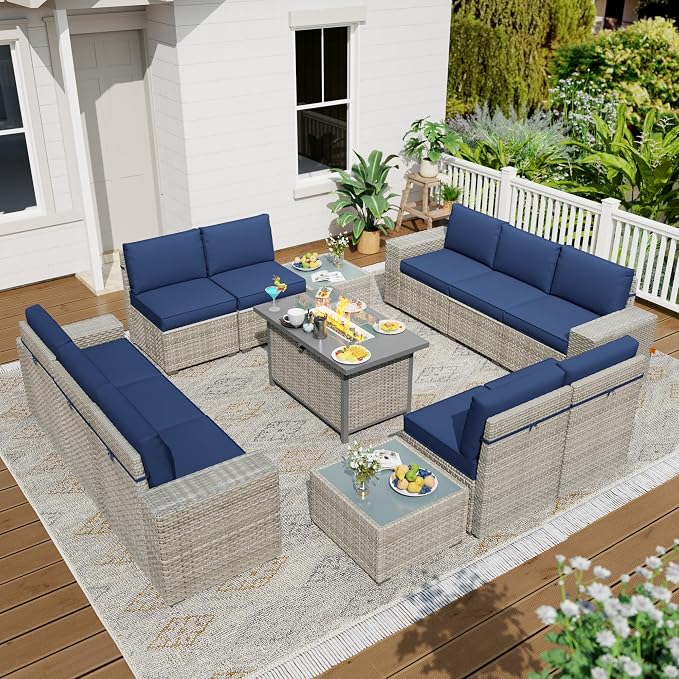 13 Piece Patio Furniture Set with 50,000 BTU Rattan Fire Pit Table that Converts to Coffee Table, 9.8" Wide Arm Sectional Sofa with Storage Armrests, Outdoor Rattan Conversation Set, Blue