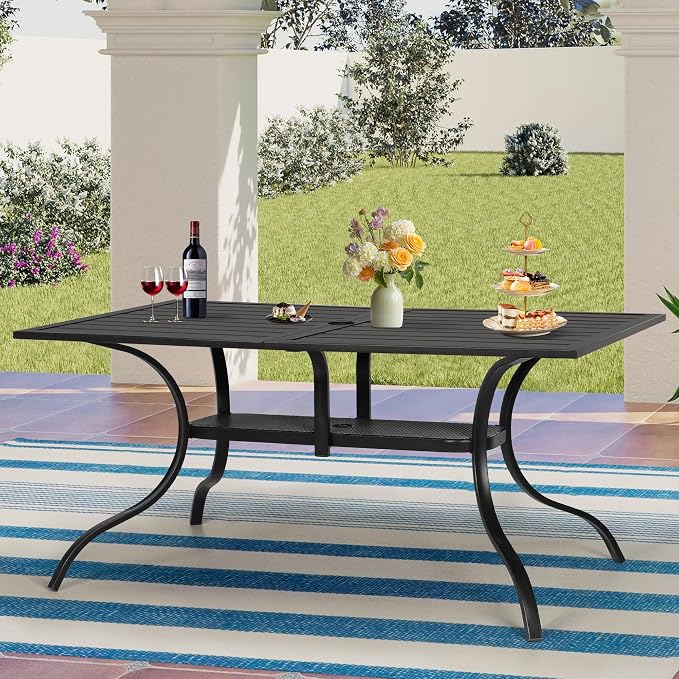 Oakcloud 60"x36" Patio Dining Table, Outdoor Metal Rectangular Table Patio Furniture Classic Black Table with 1.57" Umbrella Hole, for Garden Backyard Poolside Deck