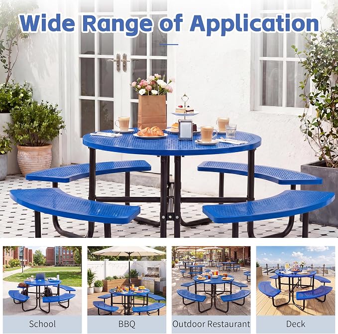 46" Outdoor Round Perforated Picnic Table Metal Camping Table with Umbrella Hole - Heavy Duty Steel Mesh Picnic Bench Set for Backyard Garden Deck, Blue