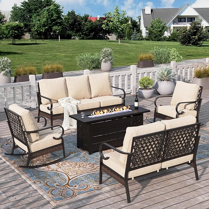 HERA'S HOUSE 5 Piece Metal Patio Furniture Set with 56" Fire Pit Table, All Weather Outdoor Conversation Set, 3 Seat Sofa with Loveseat, 2 Rocking Chairs, Seats 7 for Backyard, Garden, Deck, Beige