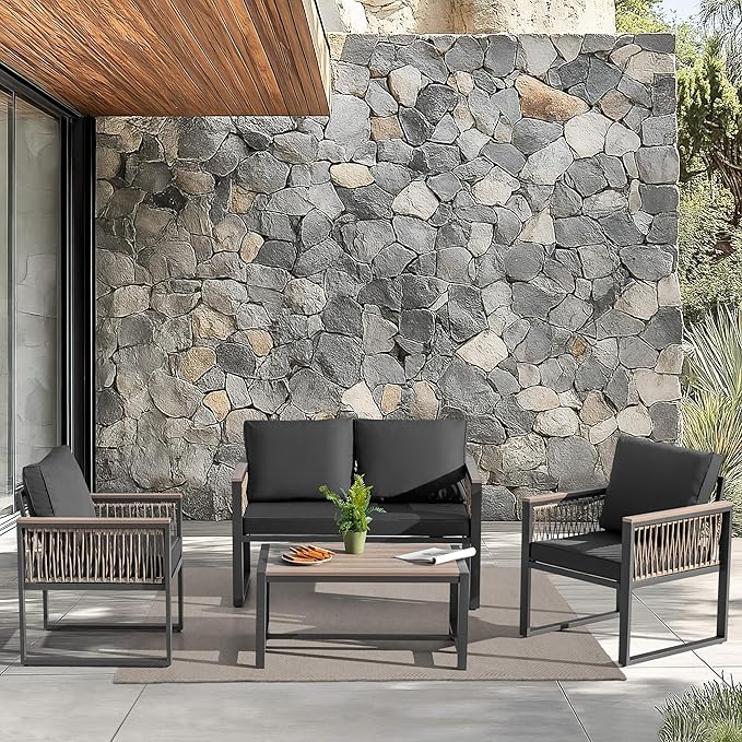 NUU GARDEN 4 Pieces Outdoor Patio Furniture Set, 4 Seats Outdoor Sectional with Coffee Table, Wicker Patio Conversation Sets with Armrests and Cushions Patio Set for Backyard, Garden and Poolside
