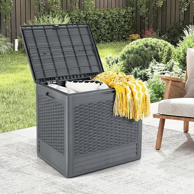 Giantex 25 Gallon Outdoor Storage Box, PP Deck Container with Rattan Patterns & Lockable Lid, All-Weather Patio Plastic Storage Bin for Package Delivery, Garden Tools, Patio Cushions (Grey)