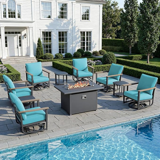 10Pcs Patio Rocking Swivel Chair with 55,000 BTU Fire Pit Table Outdoor Aluminum Bistro Set with Coffee Table, Patio Furniture Set with High Backrest & Thickened Cushions, Turquoise
