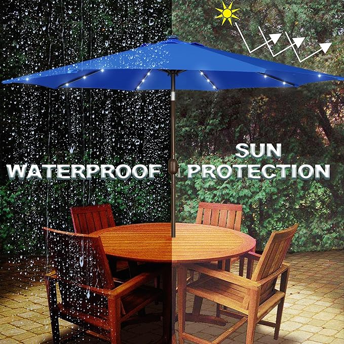 Blissun 9 ft Solar Umbrella, Patio Umbrella with 32 LED Lights, Table Market Umbrella, Outdoor Umbrella for Garden, Deck, Backyard, Royal Blue