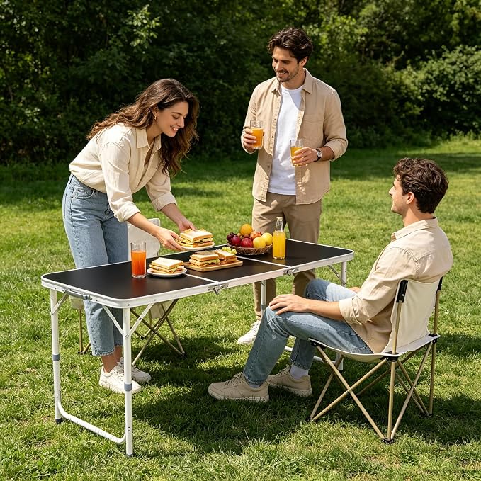 2 Pack Adjustable Height Folding Tables 4 Feet, Lightweight Fold-in-Half Utility Table for Outdoor Picnic BBQ Camping Fishing RV Beach, Aluminum Frame, MDF Desktop, with Carrying Handle