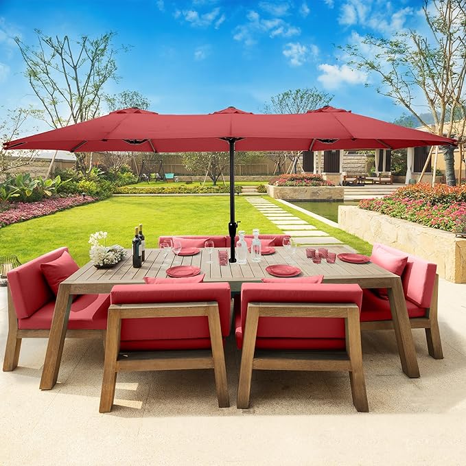 Extra Large Outdoor Umbrella - 15 Ft Double Patio Shade with Easy Hand Crank for Outdoor Furniture, Deck, Backyard, or Pool by Pure Garden (Red)