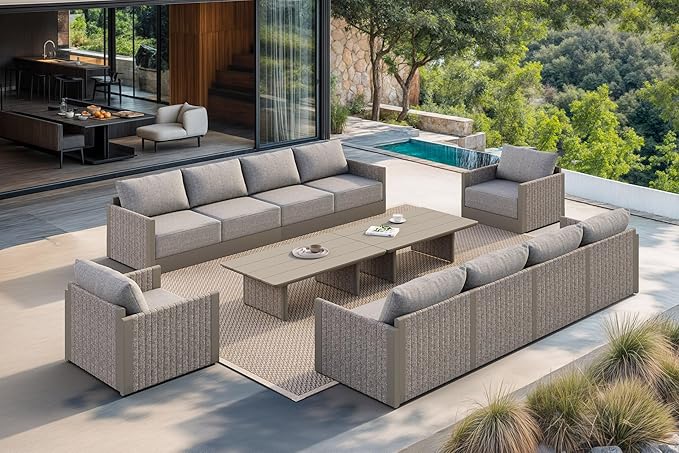 PURPLE LEAF 12 Pieces Patio Conversation Sets with 2 Coffee Table All Weather Outdoor Couch Sectional Set with Cushion Patio Conversation Set for Garden Poolside Backyard Beige