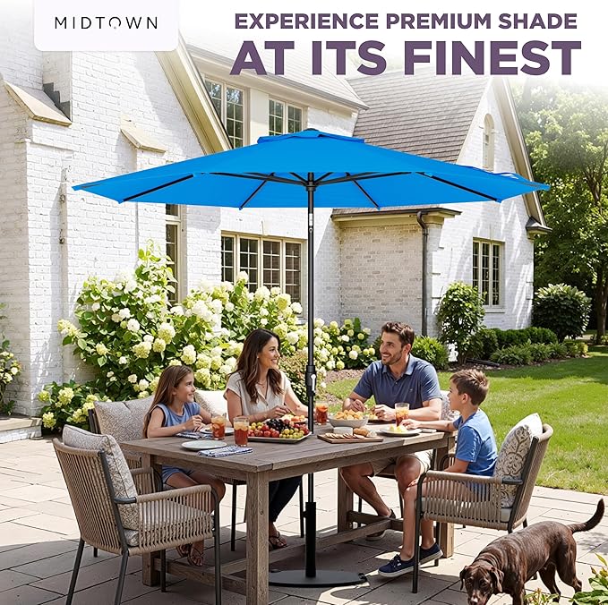The Swilt 9 Feet Outdoor Umbrella With Terylast Cobalt (Blue) Polyester Fabric - Fiberglass Ribs, Auto-Tilt And Swivel Aluminum Frame Patio Umbrella For Deck, Garden, Pool - Black Pole