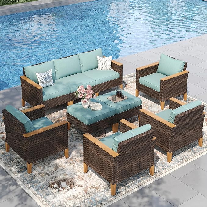 PHI VILLA 9-Piece Outdoor Wicker Furniture Set with 4-inch Thick Cushions, High Back Wicker Sofa for Deck, Yard, and Poolside in Blue (3 Seat Style)