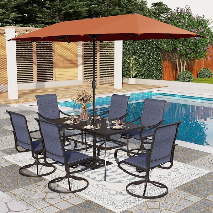 PHI VILLA 8 Piece Patio Dining Set with 13ft Patio Umbrella (Orange Red), 6 Outdoor Padded Swivel Dining Chairs & 1 Large Metal Dining Table with 1.57" Umbrella Hole, for Lawn Garden Backyard