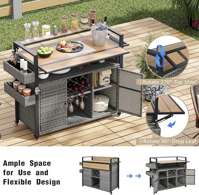 52.8" W Wicker Outdoor Bar Cart Table with Extended Plastic Wood Table Top, Outdoor Grill Cart with Large Storage Cabinet, for Patio Backyard Garden Poolside, Double Handle Design, Grey