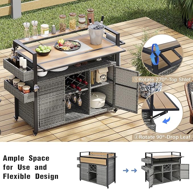 Outdoor Bar Table on Wheels with Extended Table Top and Storage Cabinet ﻿