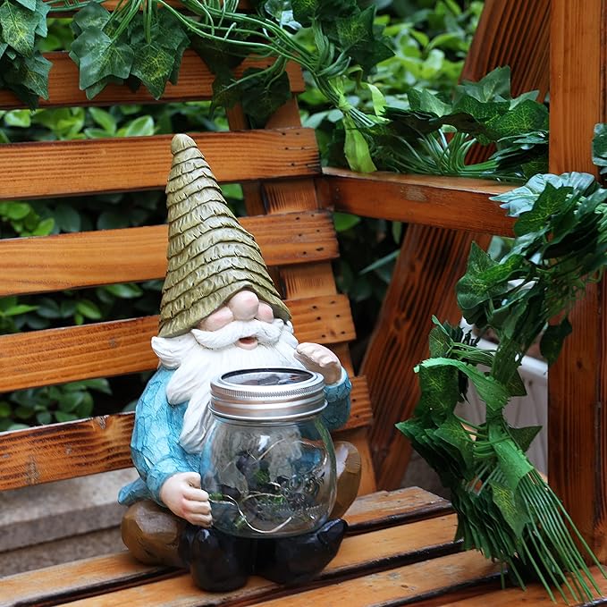 Solar Firefly Jar Gnome Waterproof, Mother's Day,Birthday Housewarming Gifts for Mom Women,Large Garden Gnome Funny Solar Outdoor LED Lights Resin Statues 10.6" Lantern Figurines Decorations