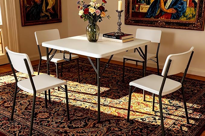 34" Folding Card Table, Heavy Duty Plastic Square Table - Portable & Handle & Lock ，for Camping, BBQ, Party