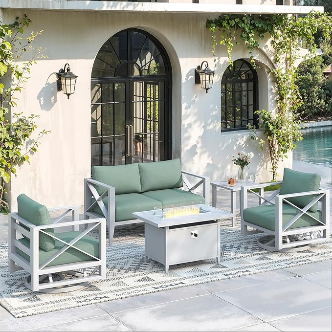 Aluminum 4-Seats Outdoor Patio Furniture Set with 43" Fire Pit Table, Sectional Conversation Sofa with 5.2" Thick Cushions & Swivel Rocking Chairs, Rust-Resistant Frame Sofa for Porch, Backyard, White