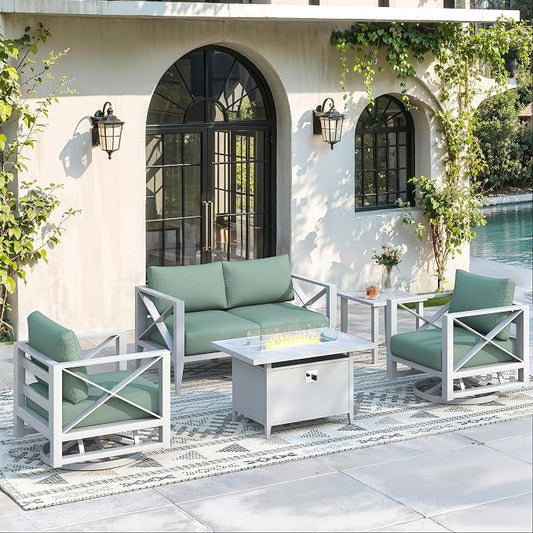 Aluminum Outdoor Patio Furniture Set with Swivel Chairs, 5-Piece Outdoor Sectional with 5.2" Thick Cushions, Patio Conversation Sets with Plus Fire Pit for Backyard,(White,4 Seats)