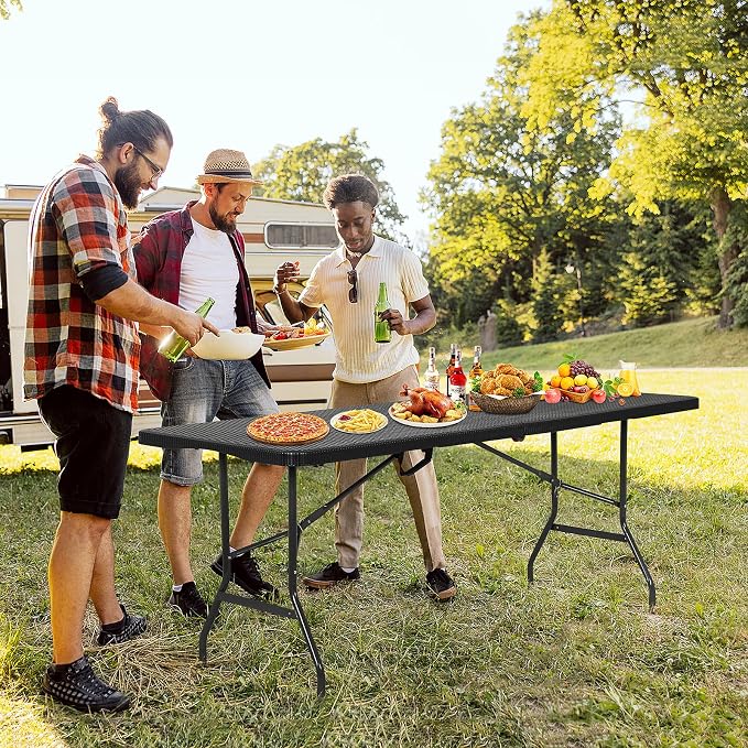Dkeli Folding Table | 6 ft Folding Picnic Table Portable | Heavy Duty Dining Table | Fold in Half with Handle and Sturdy Steel Frame for Outdoor Indoor Camping, Picnic and Party,Black