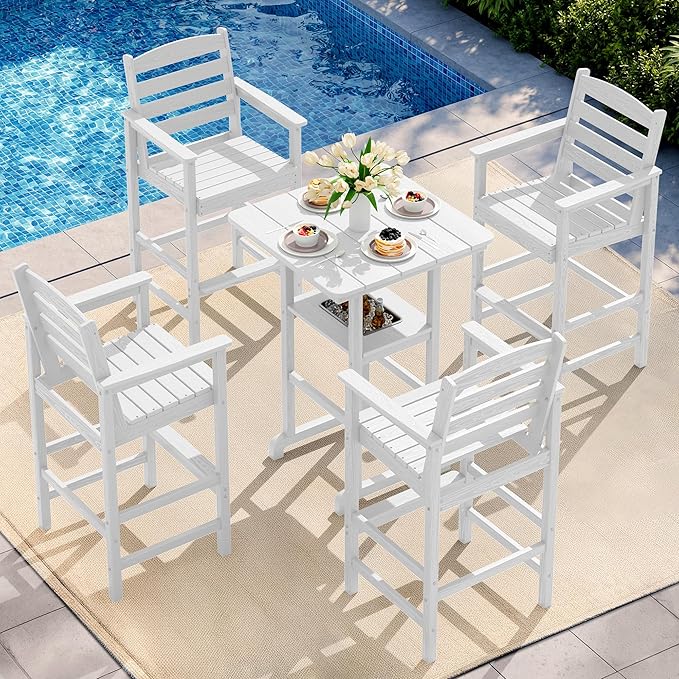 SERWALL Adirondack Bar Chairs and Table 5 Pieces Set, HDPE Bar Height Chairs Set of 2 and Bar Table with Ice Bucket, Outdoor Bar Stools Set for Balcony, Poolside, Backyard, White