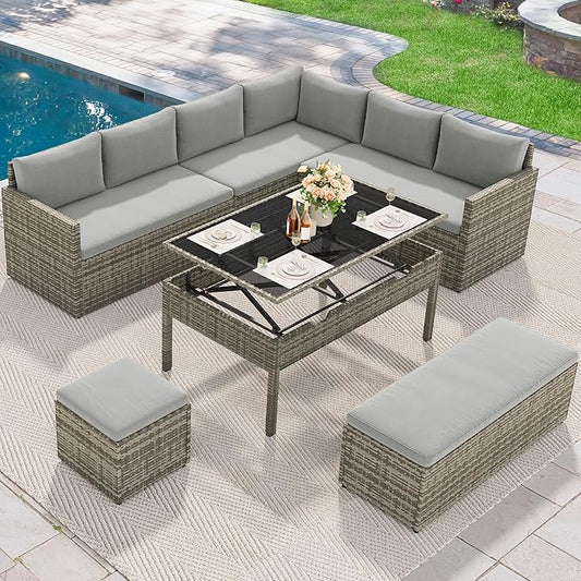 YITAHOME 9-Piece Patio Furniture Set, All-Weather Wicker Outdoor Sectional Sofa with Lift-Top Table & Ottoman, Patio Conversation Set for Deck, Backyard, Porch - Gray Gradient